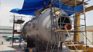 Large fabricated pressure vessel at a manufacturing site