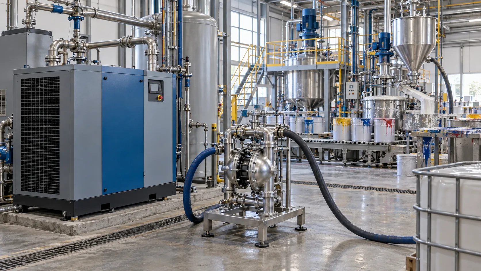 Illustrative paint plant with an air compressor, diaphragm pump and production equipment