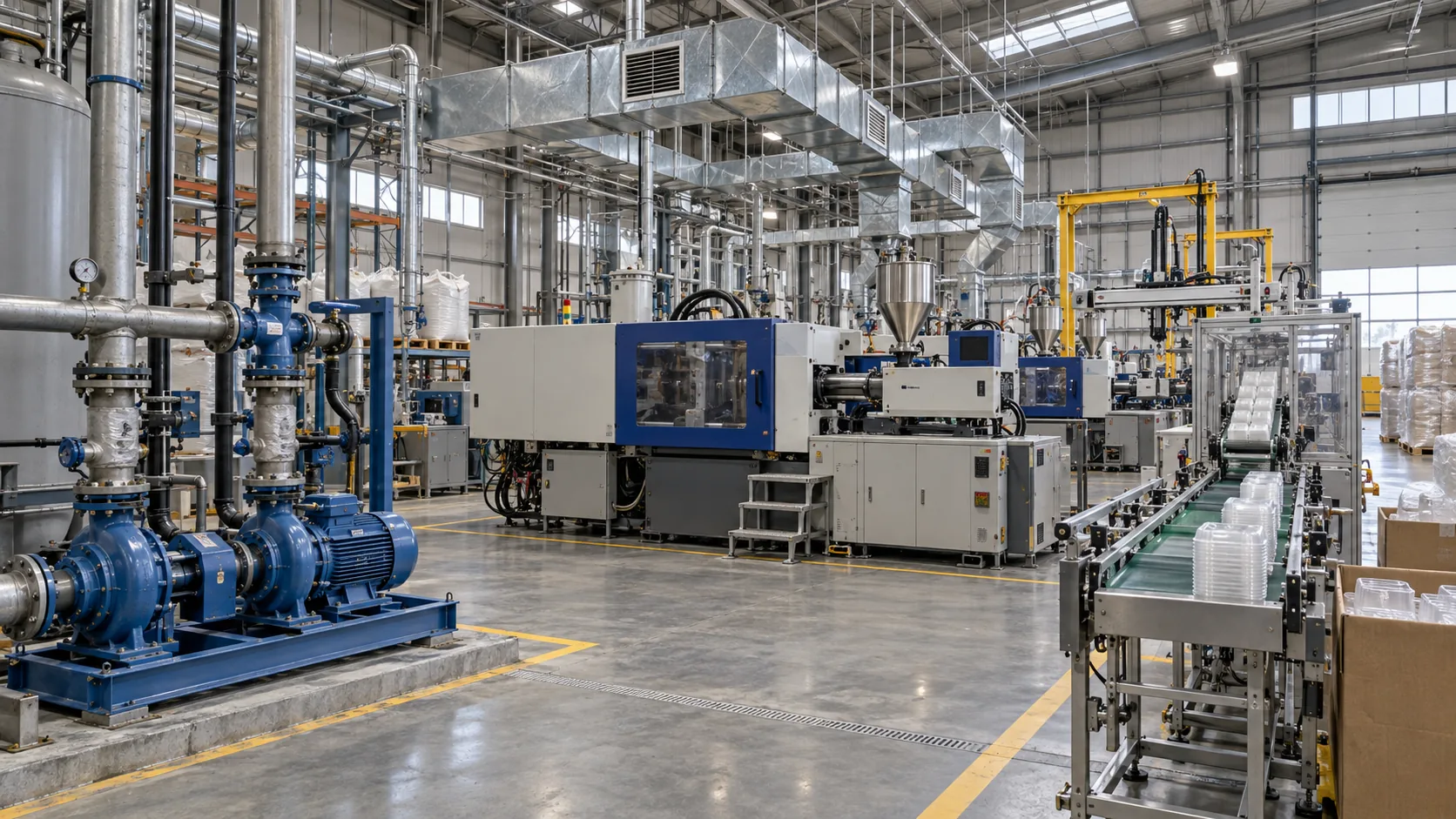 Illustrative plastics and packaging plant with injection molding machines, pumps and ventilation
